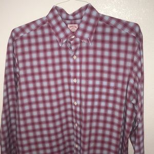 Red and blue button dress shirt.